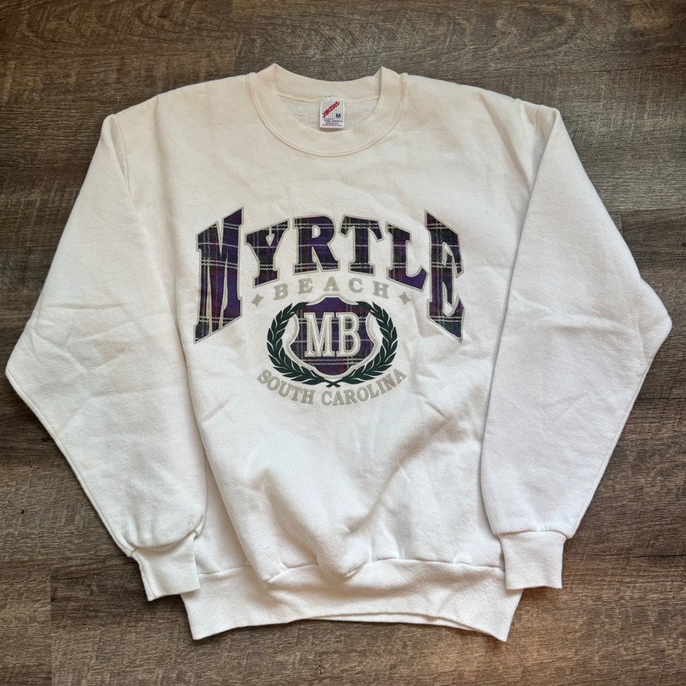 Myrtle Beach Vintage Sweatshirt Med White Plaid Graphic Crewneck Jerzees USA